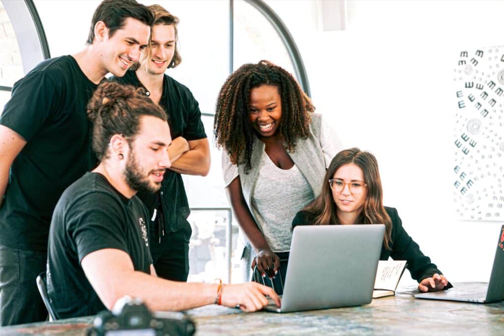 Tech startup team working on a press release