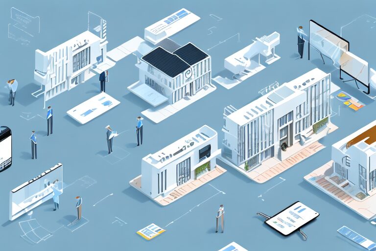 A modern real estate office with various communication devices like smartphones